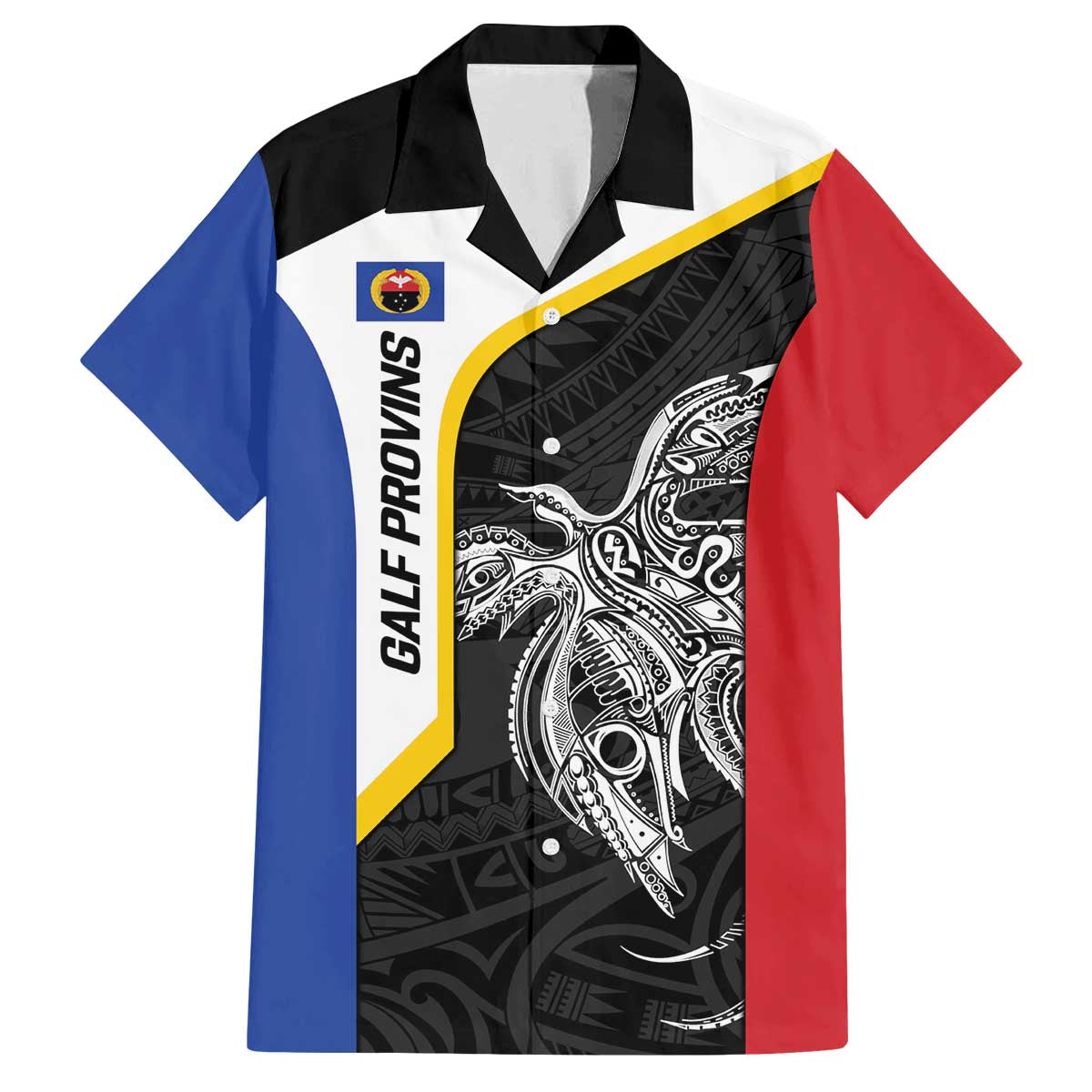 Personalised PNG Gulf Province Family Matching Off The Shoulder Long Sleeve Dress and Hawaiian Shirt Bird of Paradise Tattoo Flag Motif - Polynesian Pride