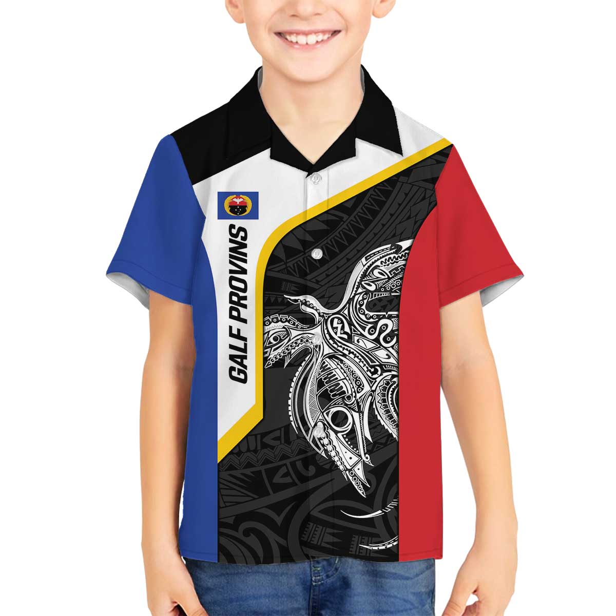 Personalised PNG Gulf Province Family Matching Off The Shoulder Long Sleeve Dress and Hawaiian Shirt Bird of Paradise Tattoo Flag Motif - Polynesian Pride