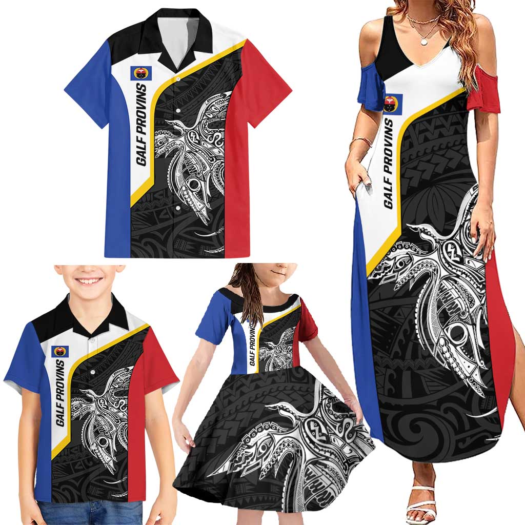 Personalised PNG Gulf Province Family Matching Summer Maxi Dress and Hawaiian Shirt Bird of Paradise Tattoo Flag Motif - Polynesian Pride
