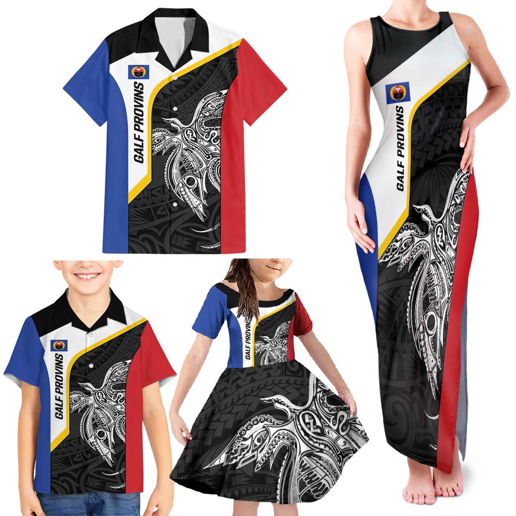 Personalised PNG Gulf Province Family Matching Tank Maxi Dress and Hawaiian Shirt Bird of Paradise Tattoo Flag Motif - Polynesian Pride