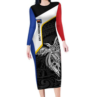 Personalised PNG Gulf Province Long Sleeve Bodycon Dress Bird of Paradise Tattoo Flag Motif - Polynesian Pride