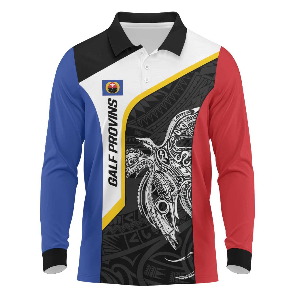 Personalised PNG Gulf Province Long Sleeve Polo Shirt Bird of Paradise Tattoo Flag Motif - Polynesian Pride