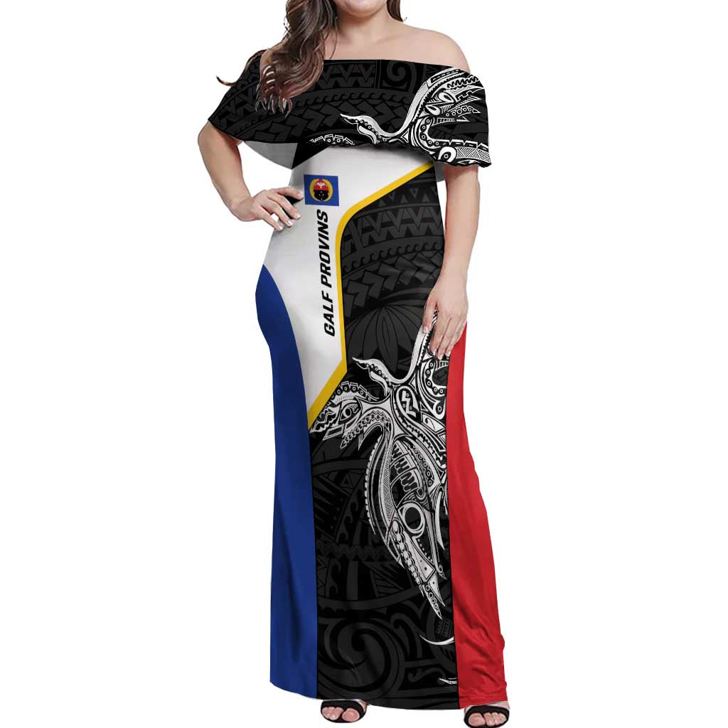 Personalised PNG Gulf Province Off Shoulder Maxi Dress Bird of Paradise Tattoo Flag Motif - Polynesian Pride