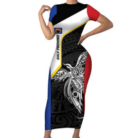 Personalised PNG Gulf Province Short Sleeve Bodycon Dress Bird of Paradise Tattoo Flag Motif LT9 Long Dress Black - Polynesian Pride