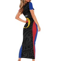 Personalised PNG Gulf Province Short Sleeve Bodycon Dress Bird of Paradise Tattoo Flag Motif LT9 - Polynesian Pride