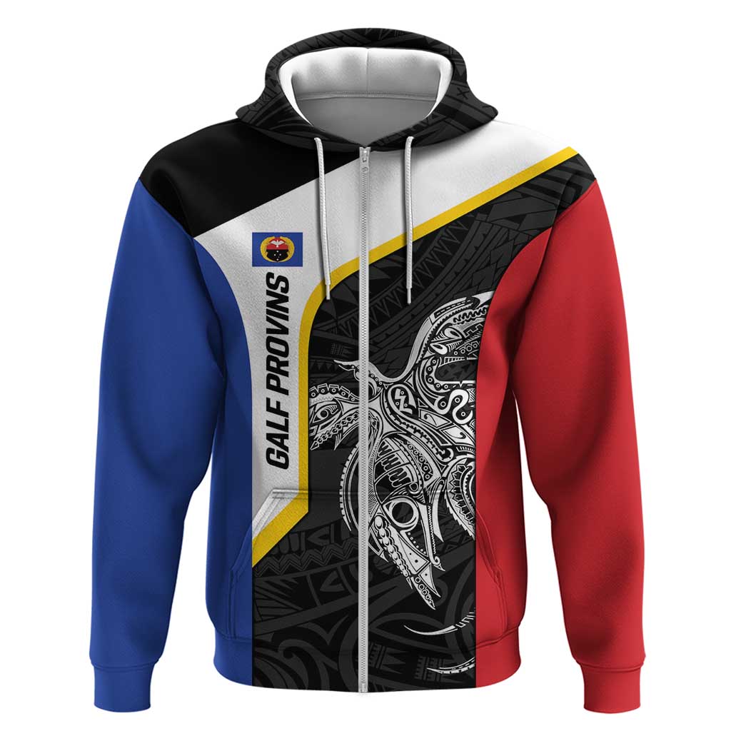 Personalised PNG Gulf Province Zip Hoodie Bird of Paradise Tattoo Flag Motif LT9 Zip Hoodie Black - Polynesian Pride