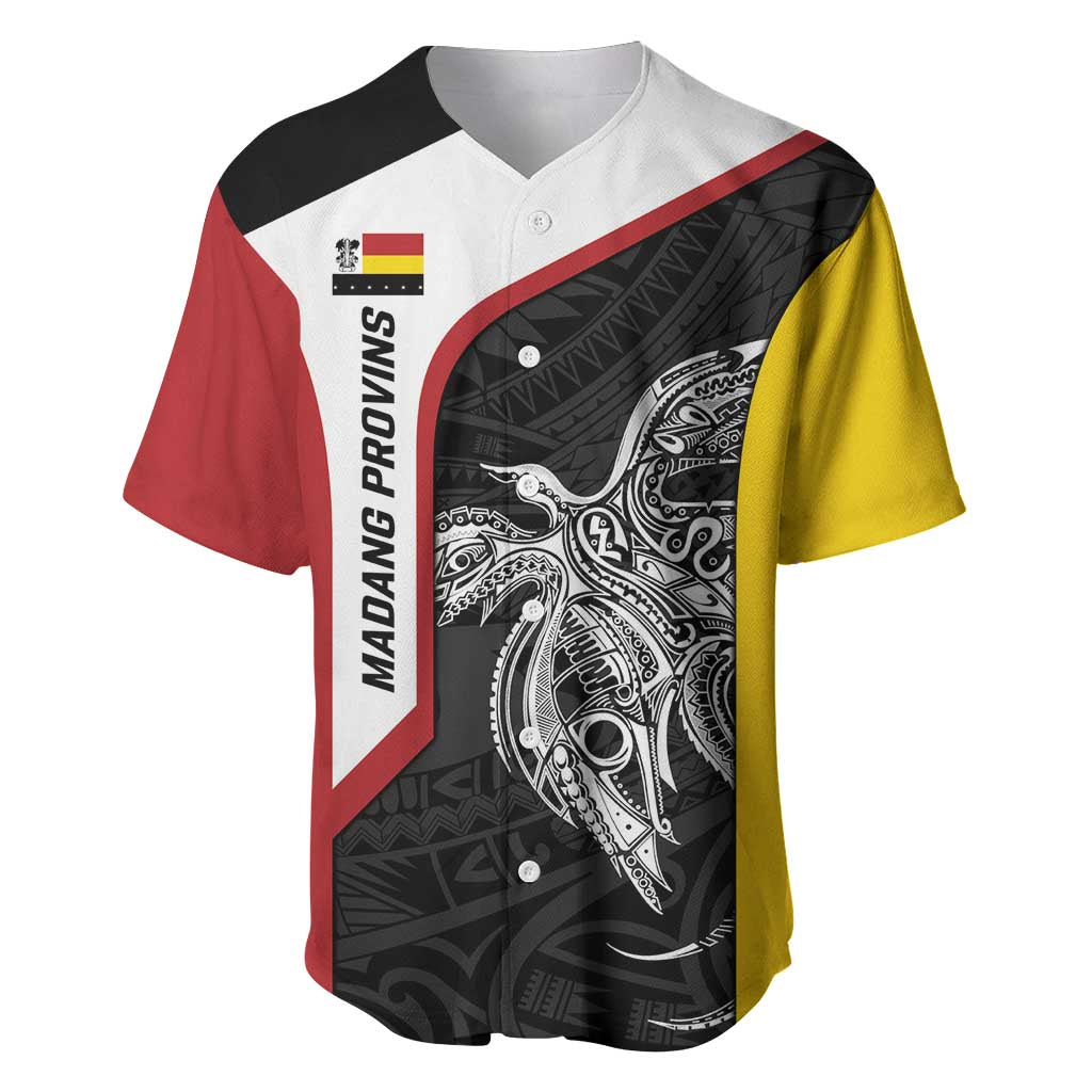 Personalised PNG Madang Province Baseball Jersey Bird of Paradise Tattoo Flag Motif - Polynesian Pride