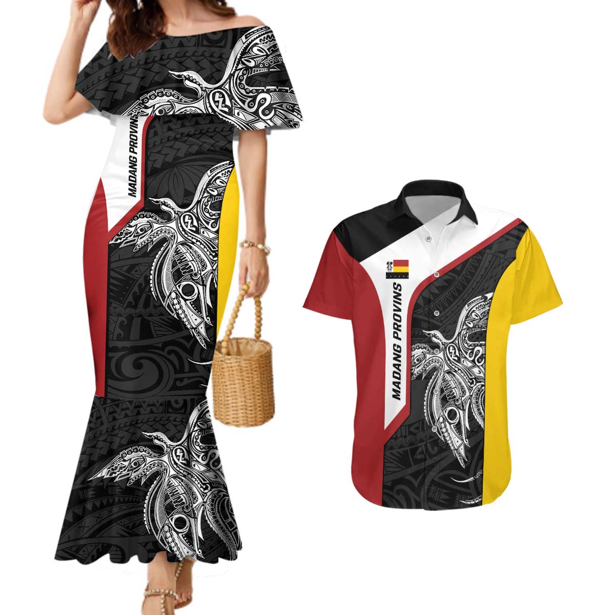 Personalised PNG Madang Province Couples Matching Mermaid Dress and Hawaiian Shirt Bird of Paradise Tattoo Flag Motif - Polynesian Pride