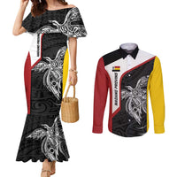 Personalised PNG Madang Province Couples Matching Mermaid Dress and Long Sleeve Button Shirt Bird of Paradise Tattoo Flag Motif - Polynesian Pride