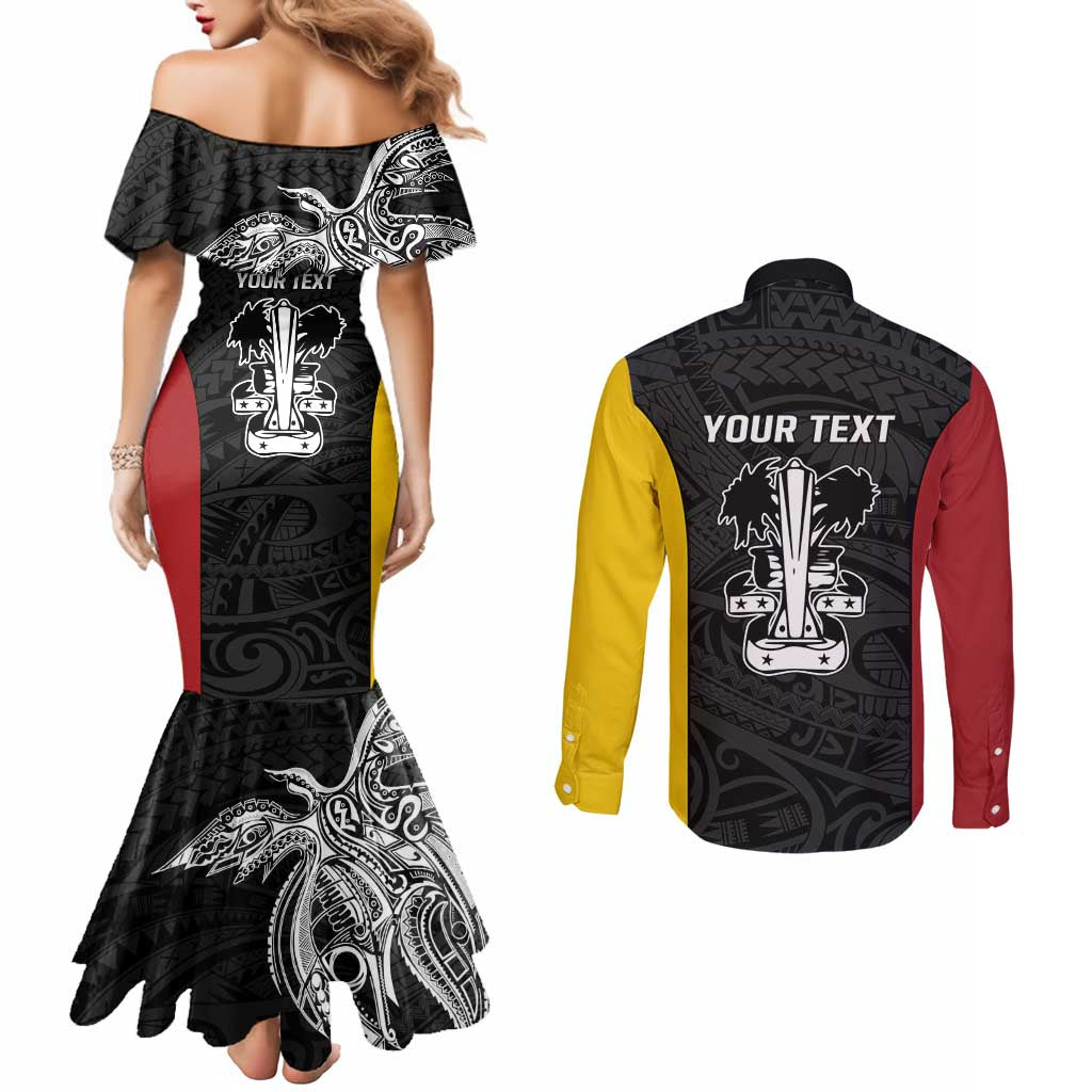 Personalised PNG Madang Province Couples Matching Mermaid Dress and Long Sleeve Button Shirt Bird of Paradise Tattoo Flag Motif - Polynesian Pride