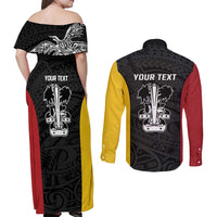 Personalised PNG Madang Province Couples Matching Off Shoulder Maxi Dress and Long Sleeve Button Shirt Bird of Paradise Tattoo Flag Motif - Polynesian Pride