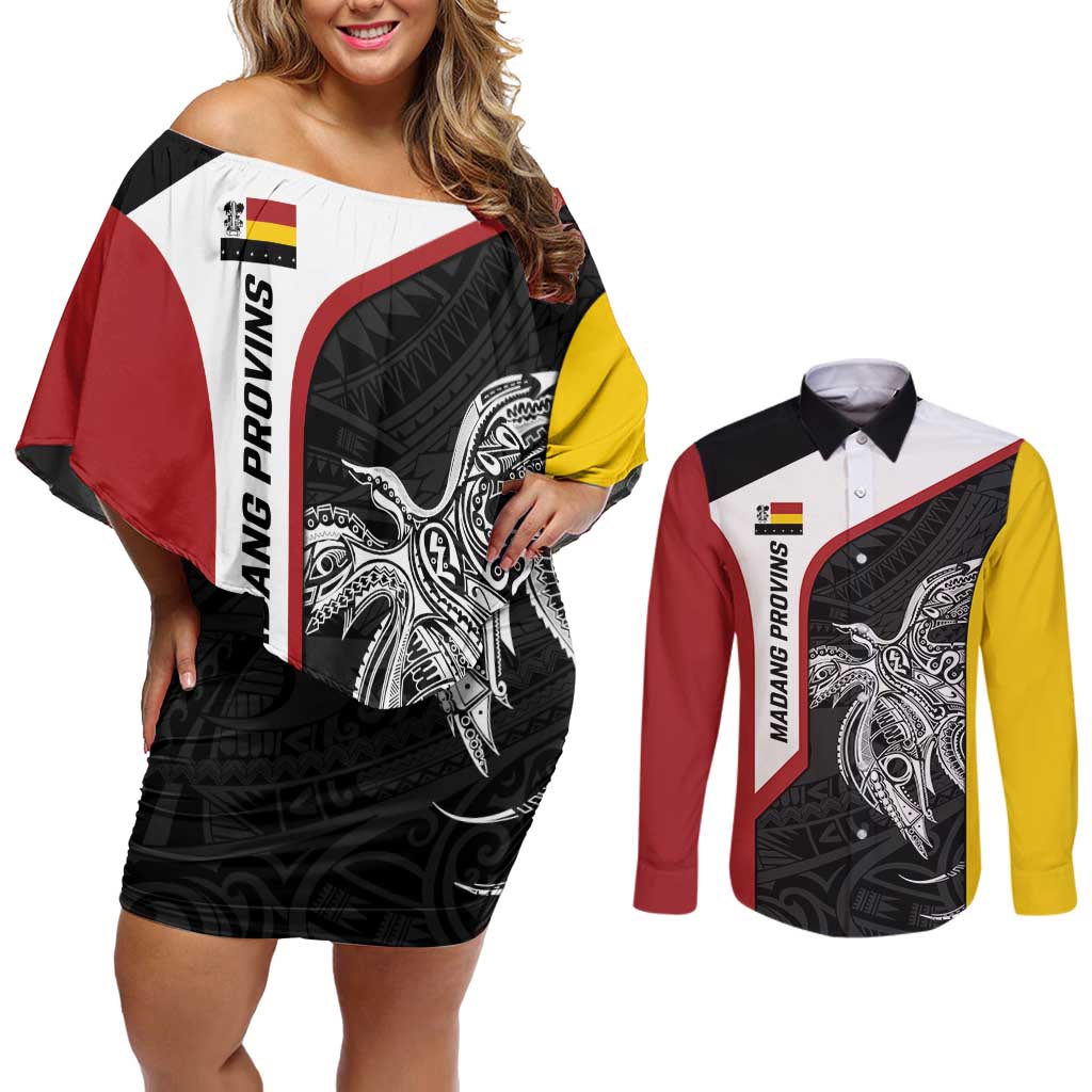 Personalised PNG Madang Province Couples Matching Off Shoulder Short Dress and Long Sleeve Button Shirt Bird of Paradise Tattoo Flag Motif - Polynesian Pride