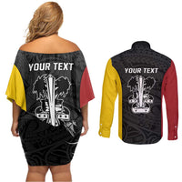 Personalised PNG Madang Province Couples Matching Off Shoulder Short Dress and Long Sleeve Button Shirt Bird of Paradise Tattoo Flag Motif - Polynesian Pride