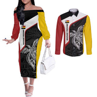 Personalised PNG Madang Province Couples Matching Off The Shoulder Long Sleeve Dress and Long Sleeve Button Shirt Bird of Paradise Tattoo Flag Motif - Polynesian Pride