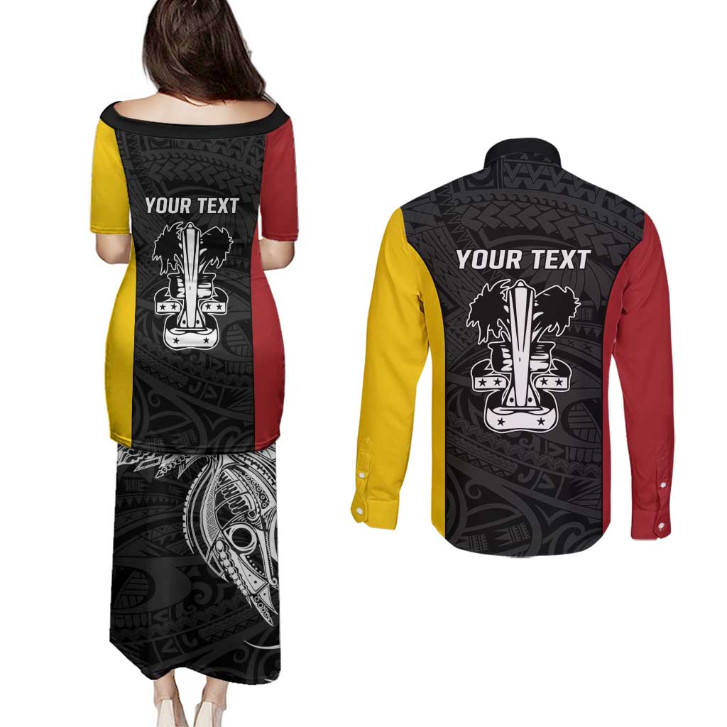 Personalised PNG Madang Province Couples Matching Puletasi and Long Sleeve Button Shirt Bird of Paradise Tattoo Flag Motif - Polynesian Pride