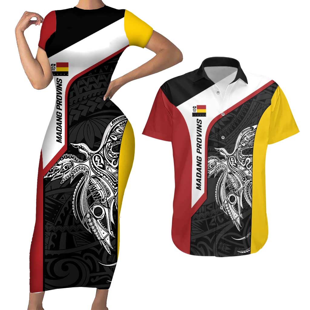 Personalised PNG Madang Province Couples Matching Short Sleeve Bodycon Dress and Hawaiian Shirt Bird of Paradise Tattoo Flag Motif - Polynesian Pride