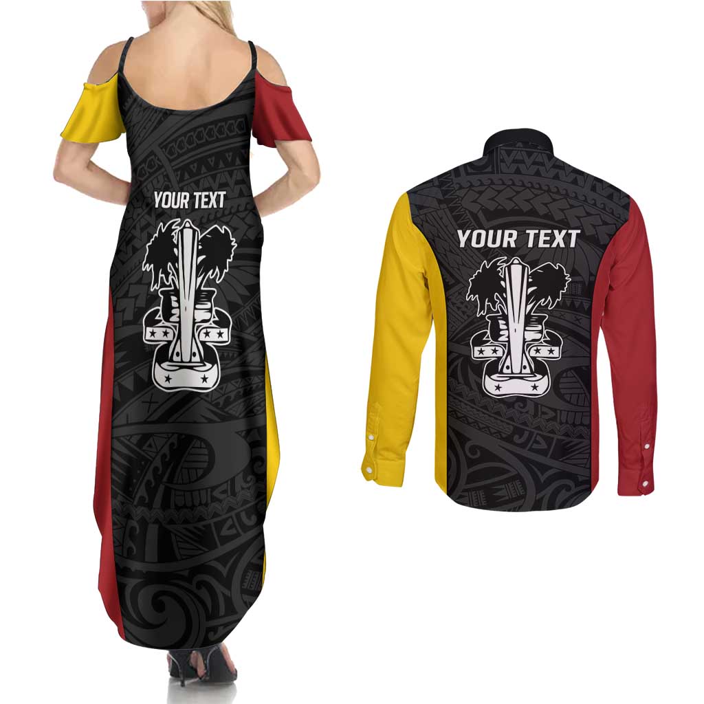 Personalised PNG Madang Province Couples Matching Summer Maxi Dress and Long Sleeve Button Shirt Bird of Paradise Tattoo Flag Motif - Polynesian Pride