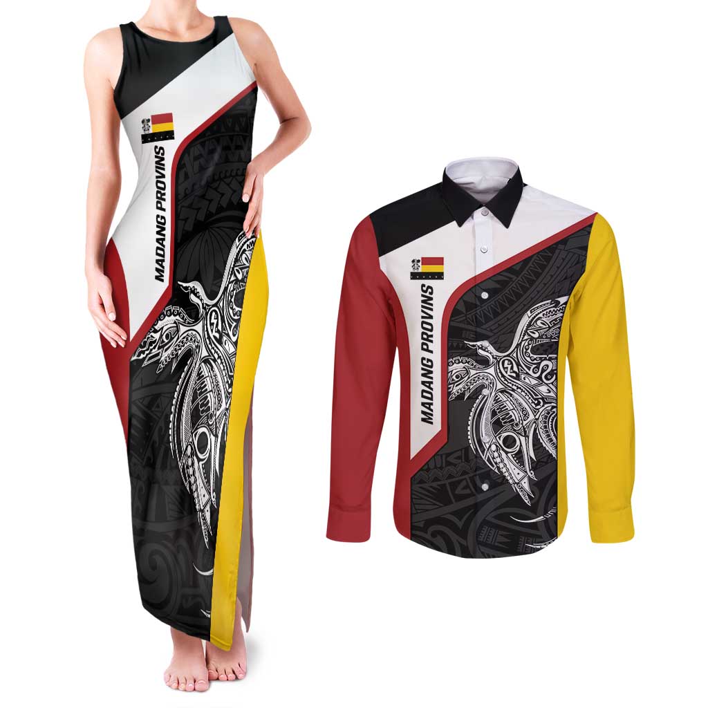 Personalised PNG Madang Province Couples Matching Tank Maxi Dress and Long Sleeve Button Shirt Bird of Paradise Tattoo Flag Motif - Polynesian Pride
