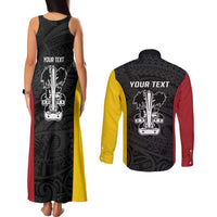 Personalised PNG Madang Province Couples Matching Tank Maxi Dress and Long Sleeve Button Shirt Bird of Paradise Tattoo Flag Motif - Polynesian Pride