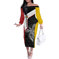 Personalised PNG Madang Province Family Matching Off The Shoulder Long Sleeve Dress and Hawaiian Shirt Bird of Paradise Tattoo Flag Motif - Polynesian Pride