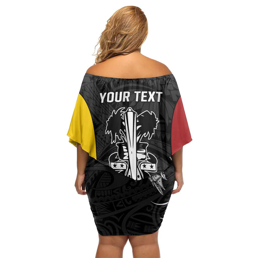 Personalised PNG Madang Province Family Matching Off Shoulder Short Dress and Hawaiian Shirt Bird of Paradise Tattoo Flag Motif - Polynesian Pride