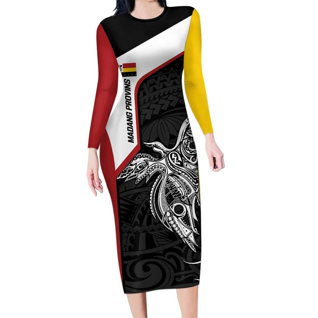 Personalised PNG Madang Province Long Sleeve Bodycon Dress Bird of Paradise Tattoo Flag Motif - Polynesian Pride