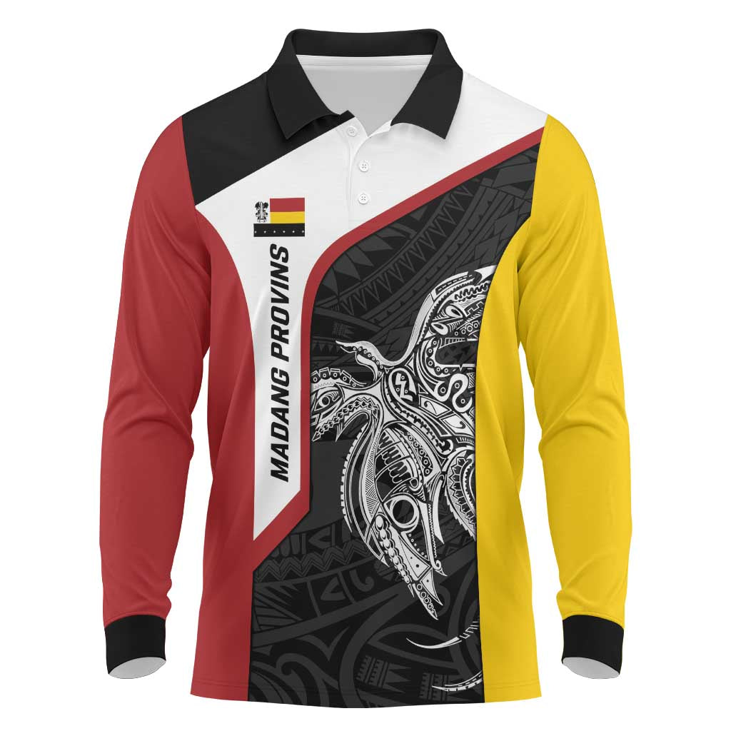 Personalised PNG Madang Province Long Sleeve Polo Shirt Bird of Paradise Tattoo Flag Motif - Polynesian Pride