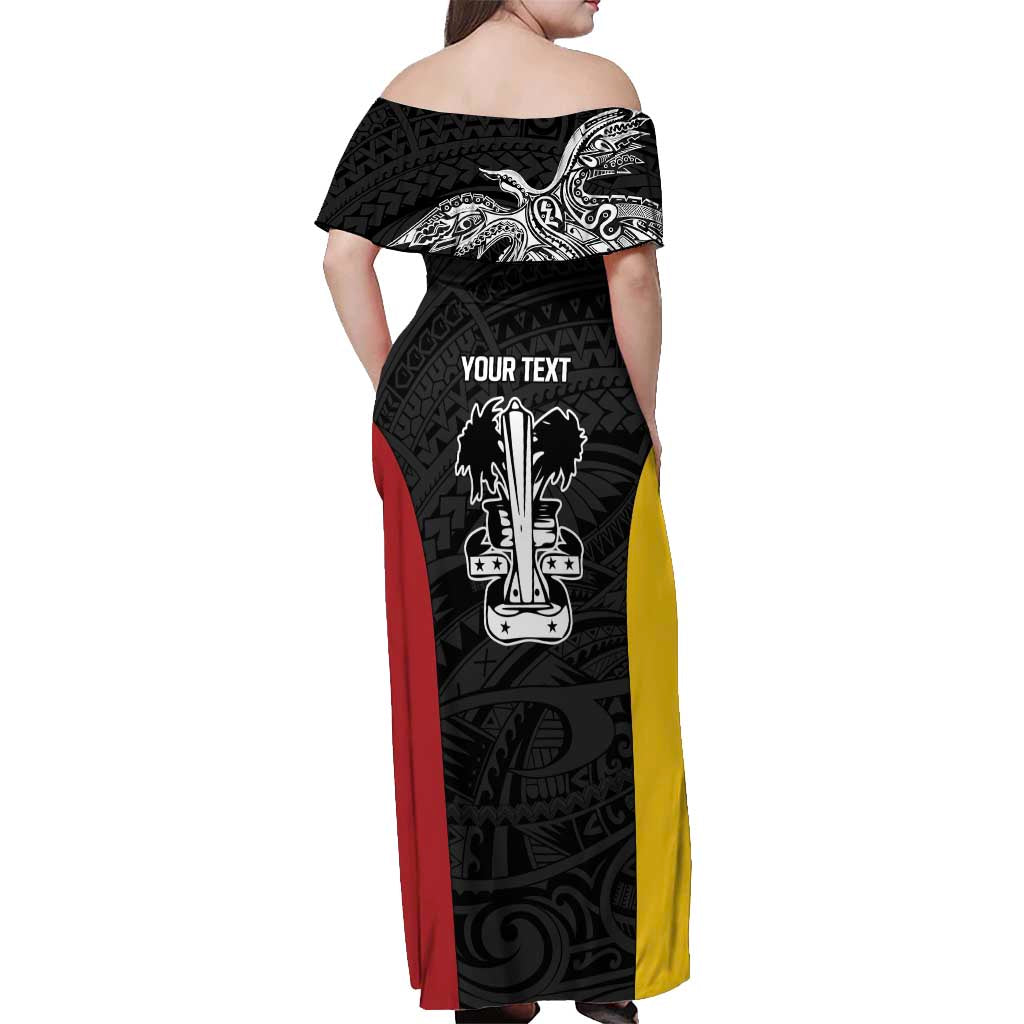 Personalised PNG Madang Province Off Shoulder Maxi Dress Bird of Paradise Tattoo Flag Motif - Polynesian Pride
