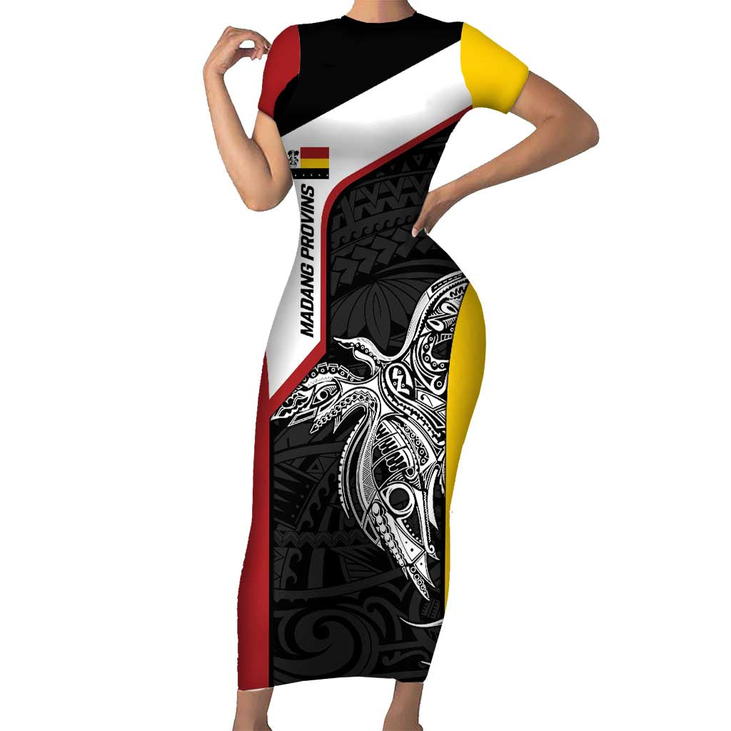 Personalised PNG Madang Province Short Sleeve Bodycon Dress Bird of Paradise Tattoo Flag Motif LT9 Long Dress Yellow - Polynesian Pride