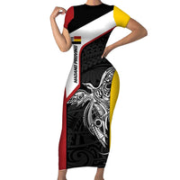 Personalised PNG Madang Province Short Sleeve Bodycon Dress Bird of Paradise Tattoo Flag Motif LT9 Long Dress Yellow - Polynesian Pride