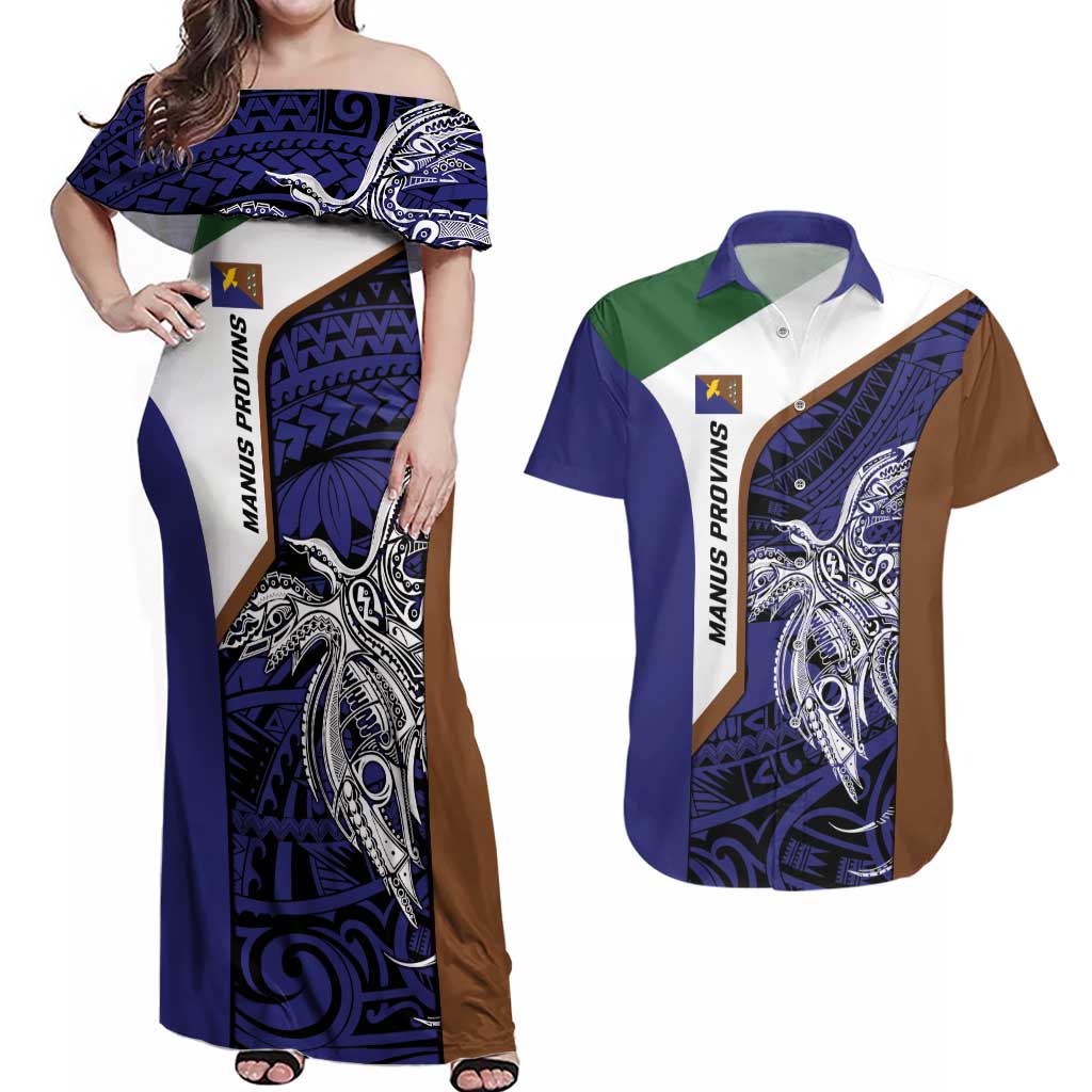 Personalised PNG Manus Province Couples Matching Off Shoulder Maxi Dress and Hawaiian Shirt Bird of Paradise Tattoo Flag Motif - Polynesian Pride
