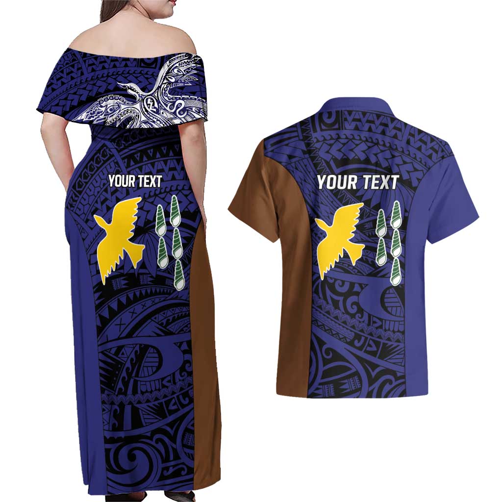 Personalised PNG Manus Province Couples Matching Off Shoulder Maxi Dress and Hawaiian Shirt Bird of Paradise Tattoo Flag Motif - Polynesian Pride