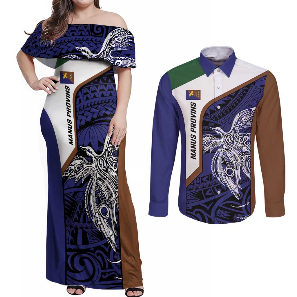Personalised PNG Manus Province Couples Matching Off Shoulder Maxi Dress and Long Sleeve Button Shirt Bird of Paradise Tattoo Flag Motif - Polynesian Pride
