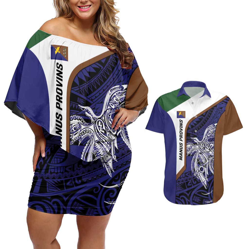 Personalised PNG Manus Province Couples Matching Off Shoulder Short Dress and Hawaiian Shirt Bird of Paradise Tattoo Flag Motif - Polynesian Pride