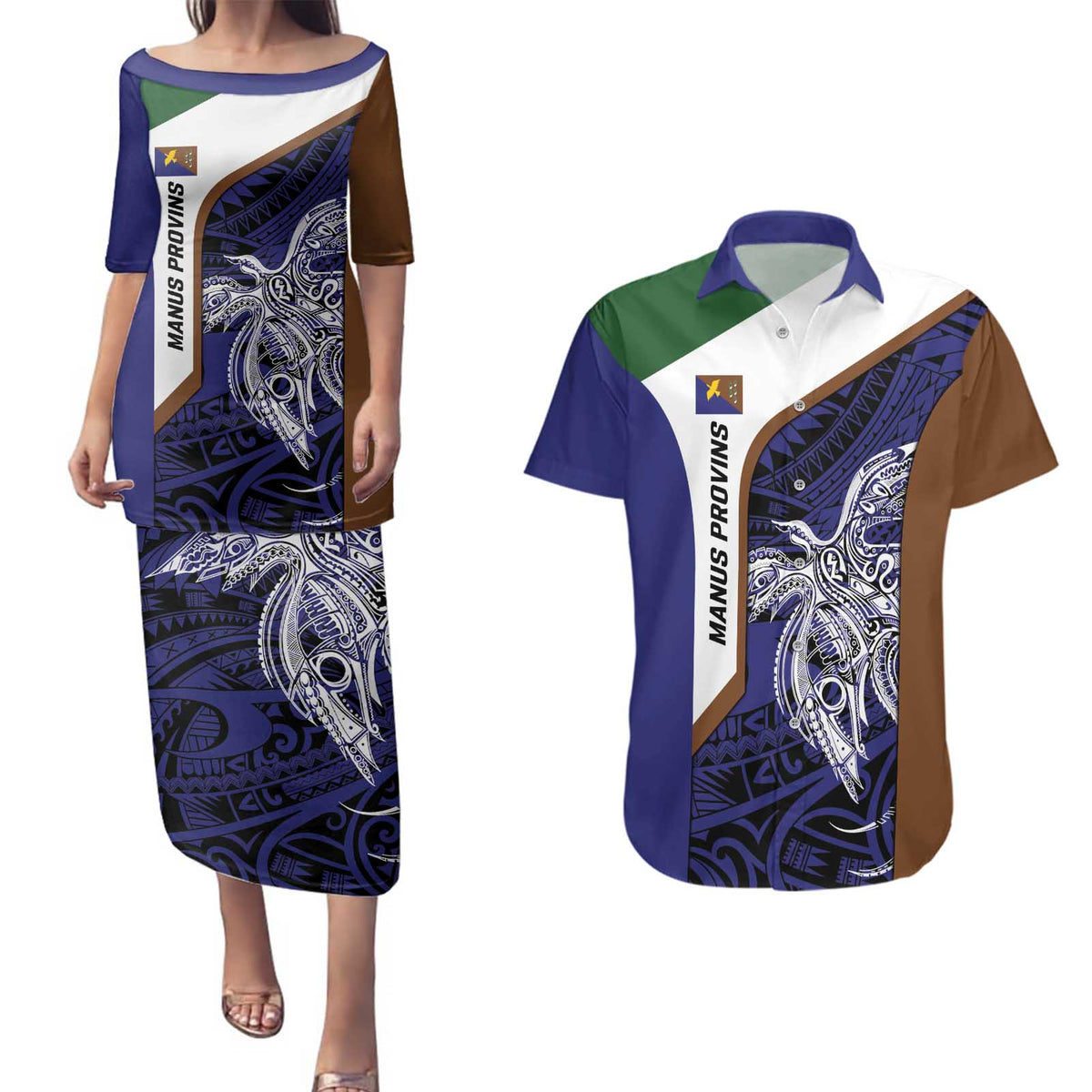Personalised PNG Manus Province Couples Matching Puletasi and Hawaiian Shirt Bird of Paradise Tattoo Flag Motif - Polynesian Pride