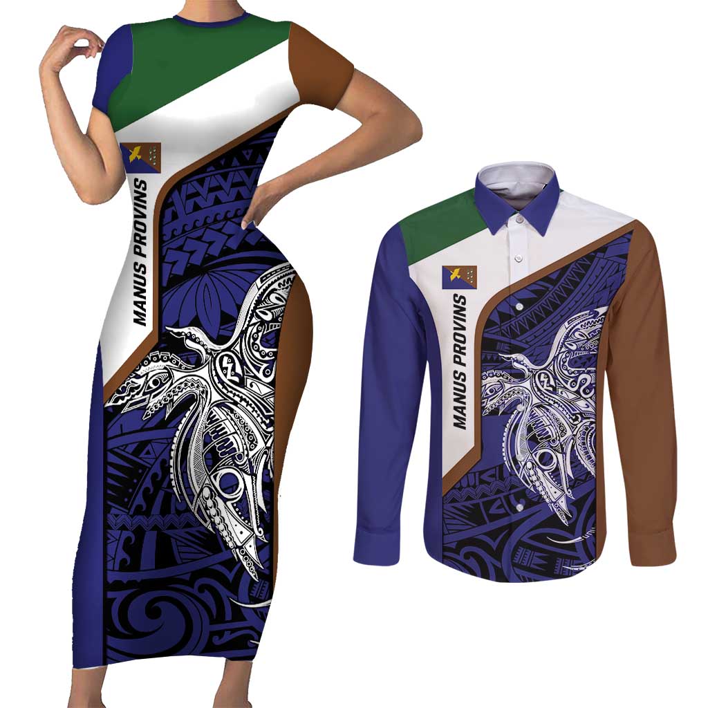 Personalised PNG Manus Province Couples Matching Short Sleeve Bodycon Dress and Long Sleeve Button Shirt Bird of Paradise Tattoo Flag Motif - Polynesian Pride