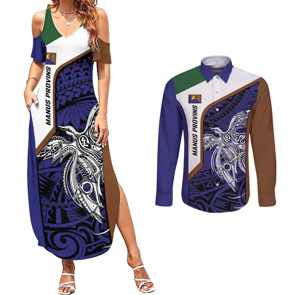 Personalised PNG Manus Province Couples Matching Summer Maxi Dress and Long Sleeve Button Shirt Bird of Paradise Tattoo Flag Motif - Polynesian Pride