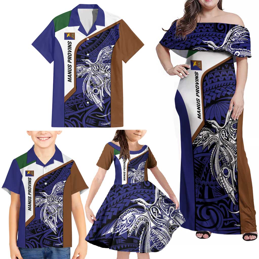 Personalised PNG Manus Province Family Matching Off Shoulder Maxi Dress and Hawaiian Shirt Bird of Paradise Tattoo Flag Motif - Polynesian Pride