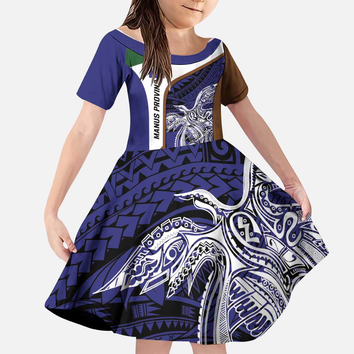 Personalised PNG Manus Province Kid Short Sleeve Dress Bird of Paradise Tattoo Flag Motif - Polynesian Pride