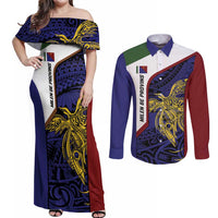 Personalised PNG Milne Bay Province Couples Matching Off Shoulder Maxi Dress and Long Sleeve Button Shirt Bird of Paradise Tattoo Flag Motif - Polynesian Pride