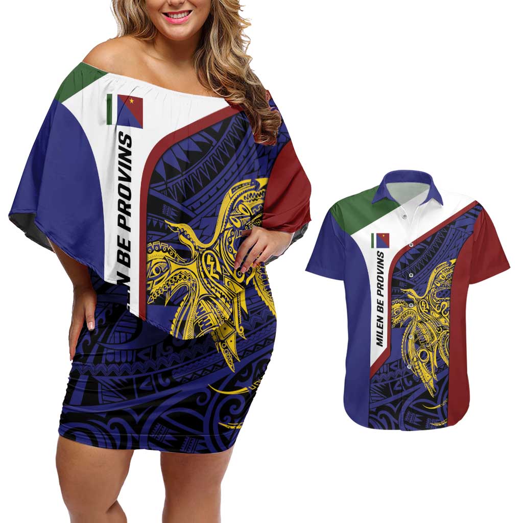 Personalised PNG Milne Bay Province Couples Matching Off Shoulder Short Dress and Hawaiian Shirt Bird of Paradise Tattoo Flag Motif - Polynesian Pride