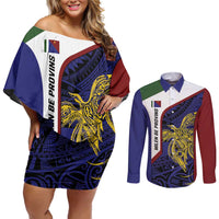 Personalised PNG Milne Bay Province Couples Matching Off Shoulder Short Dress and Long Sleeve Button Shirt Bird of Paradise Tattoo Flag Motif - Polynesian Pride