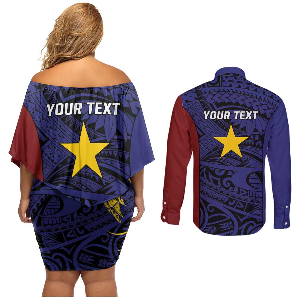 Personalised PNG Milne Bay Province Couples Matching Off Shoulder Short Dress and Long Sleeve Button Shirt Bird of Paradise Tattoo Flag Motif - Polynesian Pride