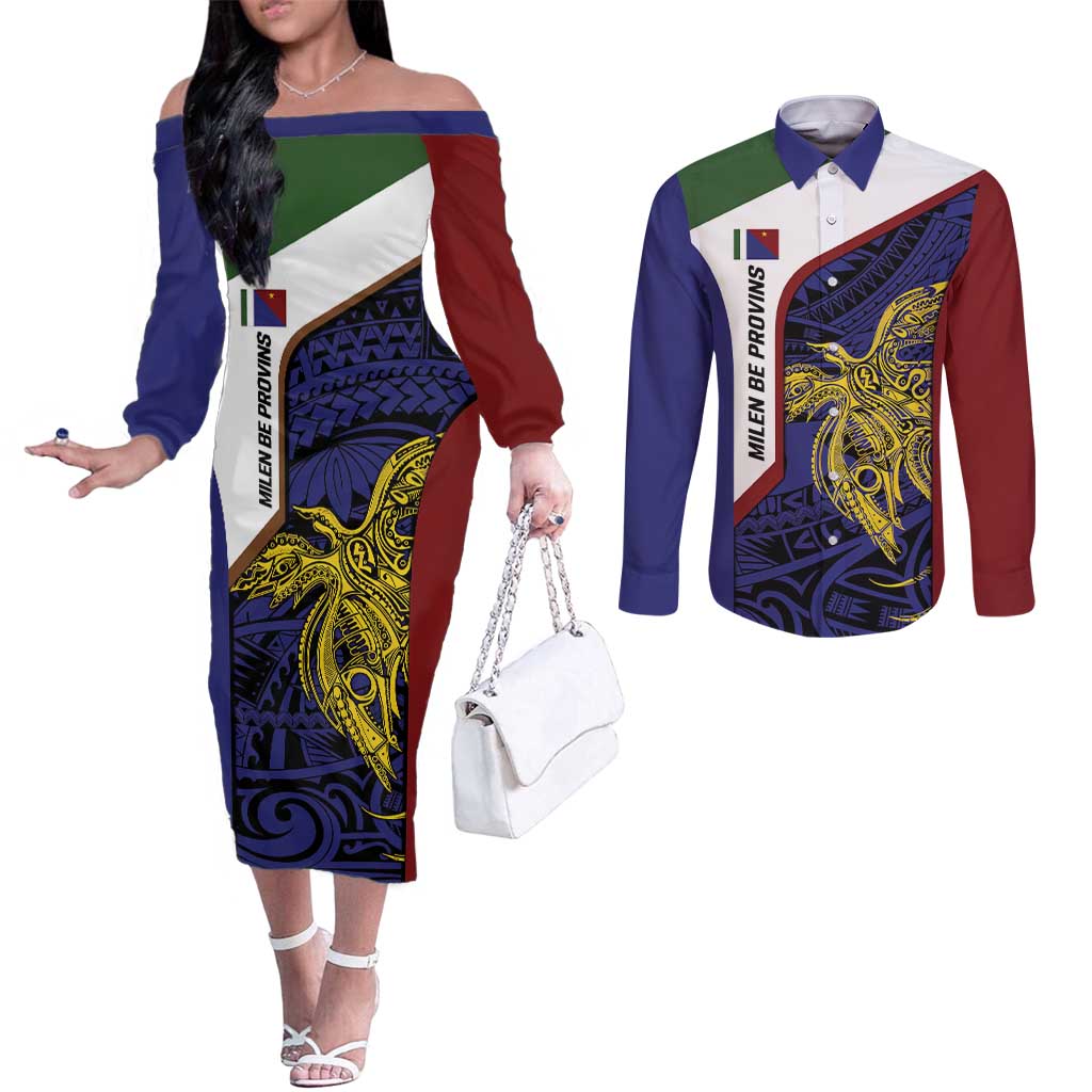 Personalised PNG Milne Bay Province Couples Matching Off The Shoulder Long Sleeve Dress and Long Sleeve Button Shirt Bird of Paradise Tattoo Flag Motif - Polynesian Pride
