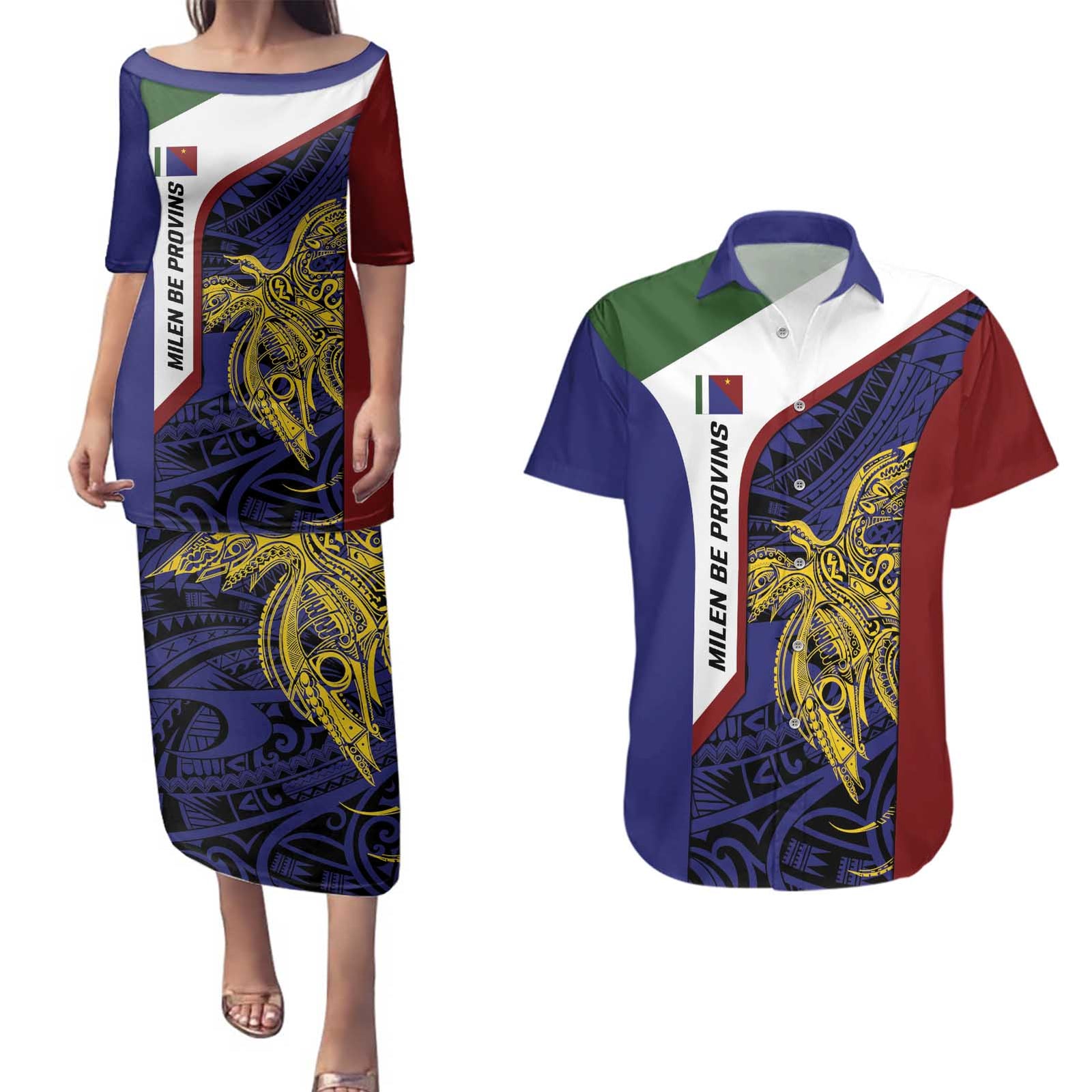 Personalised PNG Milne Bay Province Couples Matching Puletasi and Hawaiian Shirt Bird of Paradise Tattoo Flag Motif - Polynesian Pride