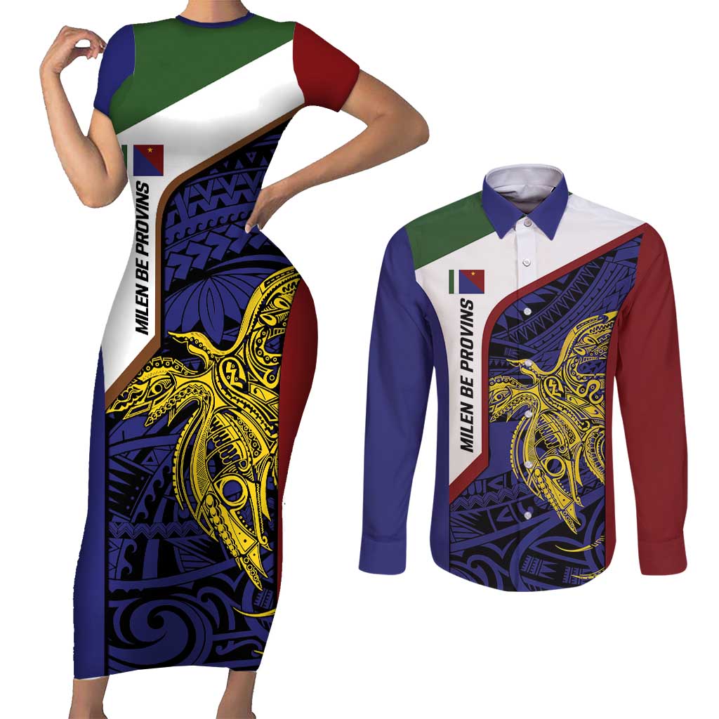 Personalised PNG Milne Bay Province Couples Matching Short Sleeve Bodycon Dress and Long Sleeve Button Shirt Bird of Paradise Tattoo Flag Motif - Polynesian Pride