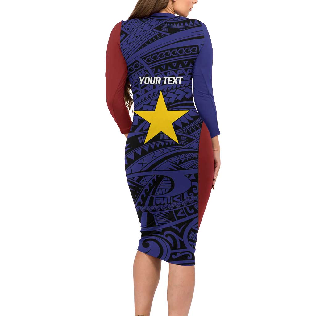Personalised PNG Milne Bay Province Family Matching Long Sleeve Bodycon Dress and Hawaiian Shirt Bird of Paradise Tattoo Flag Motif - Polynesian Pride