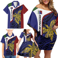Personalised PNG Milne Bay Province Family Matching Off Shoulder Short Dress and Hawaiian Shirt Bird of Paradise Tattoo Flag Motif - Polynesian Pride