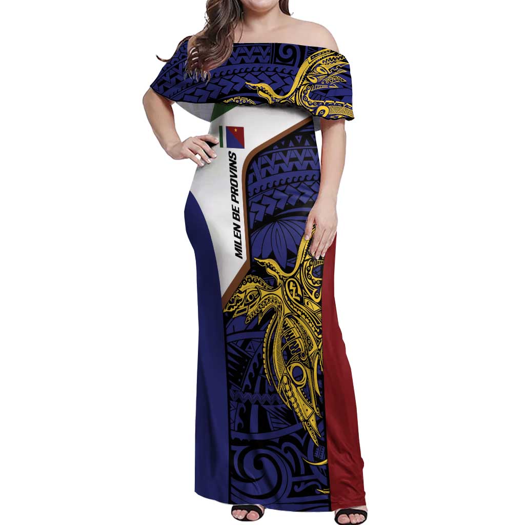 Personalised PNG Milne Bay Province Off Shoulder Maxi Dress Bird of Paradise Tattoo Flag Motif - Polynesian Pride