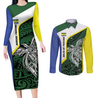 Personalised PNG Morobe Province Couples Matching Long Sleeve Bodycon Dress and Long Sleeve Button Shirt Bird of Paradise Tattoo Flag Motif - Polynesian Pride
